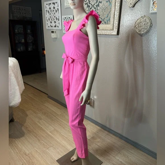 Lilly Pulitzer Women's Pink Ruffle-Shoulder Jumpsuit with Waist Tie - Picture 3 of 11